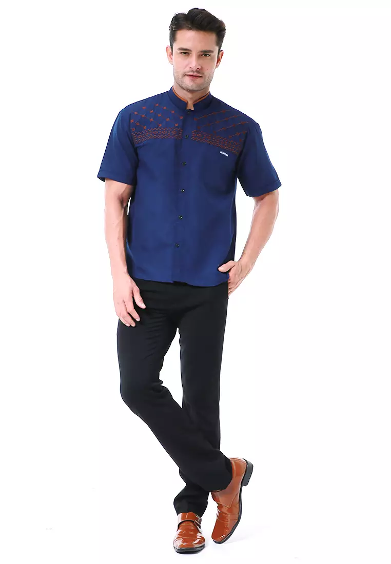 Leopold Kemeja Koko Pria Lengan Pendek Motif Bordir Material Cotton ORIGINAL - Navy