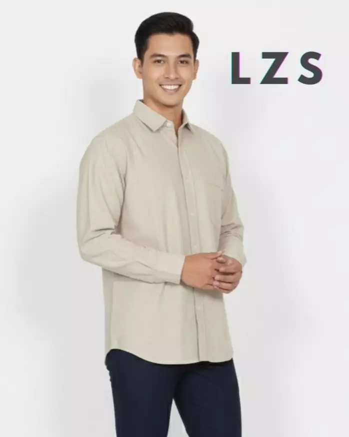 Kenzo Shirt - Kemeja Cotton Lengan Panjang Polos - KREM Reguler Fit Pria