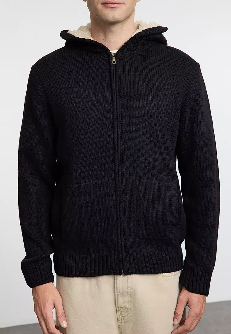 Black FL Men's Regular Hooded Plain Knitwear Cardigan TMNAW20HI0066