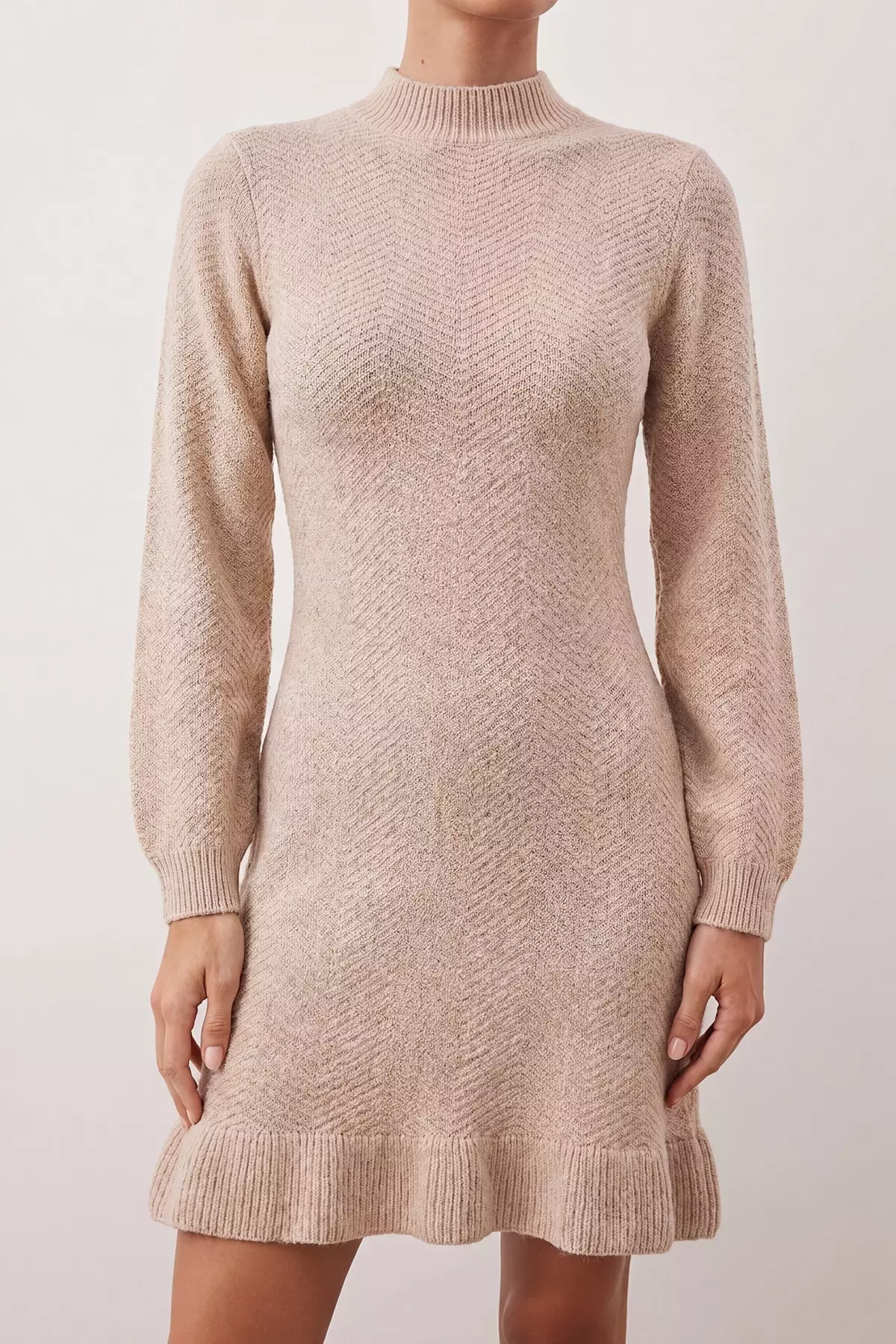 Stone Plain Short / Mini Ruffle High Neck Knitwear Dress Twoaw26El00099