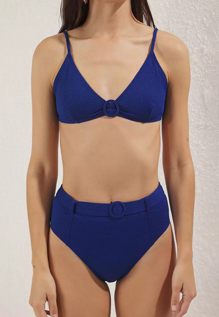 Navy Blue Triangle Accessory Textured High Waist Regular Bikini Set TBESS25BT00131
