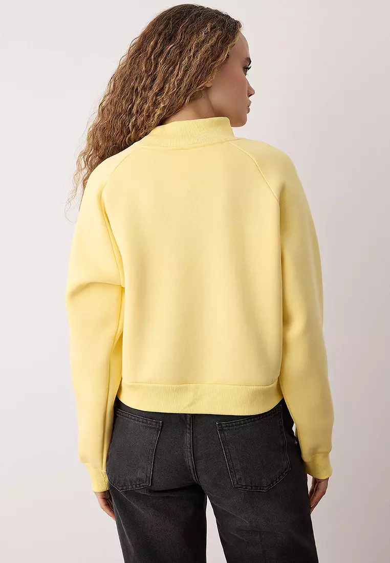 Light Yellow Raglan Sleeve Oversize/Wide Pattern Thick Polar Fleece Knitted Sweatshirt