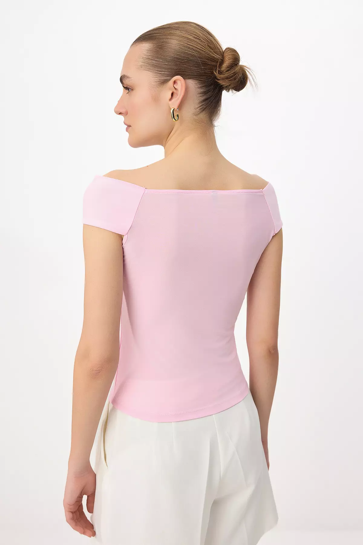 Pink Carmen Collar Bodycon Stretchy Crop Knitted Madonna Collar Blouse Twoss24Bz368
