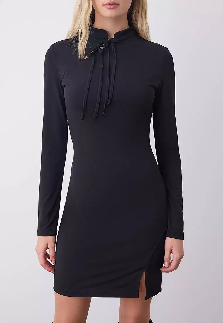 Black Bodycon Tie Detail Short / Mini Stretch Knit Dress