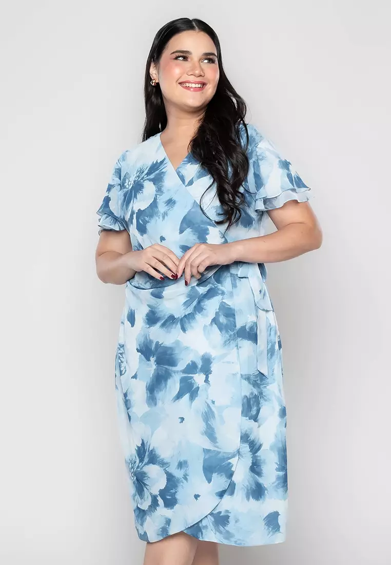 Milly Plus Size Martine Full Floral Digital Wrap Dress with Gathered Detail