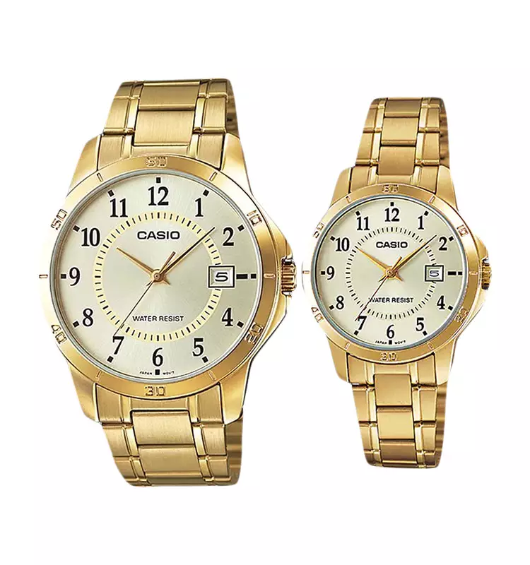 Jam Tangan Couple Casio General LTP-V004G-9BUDF_MTP-V004G-9BUDF Couple Gold Dial Gold Stainless Steel Band