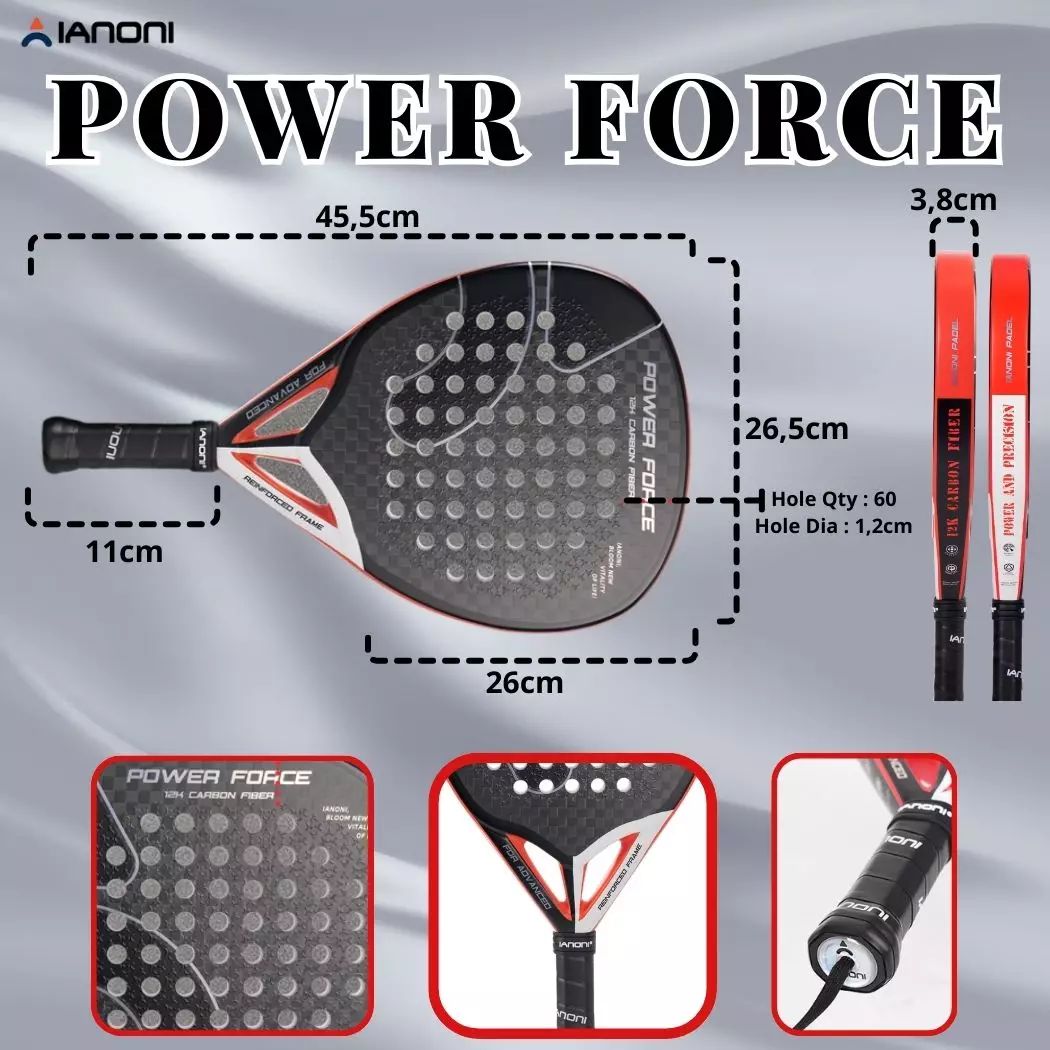 Raket Padel Ianoni Power Force Red Original Carbon 12K EVA Core Ringan Permukaan Bertekstur GRATIS tas