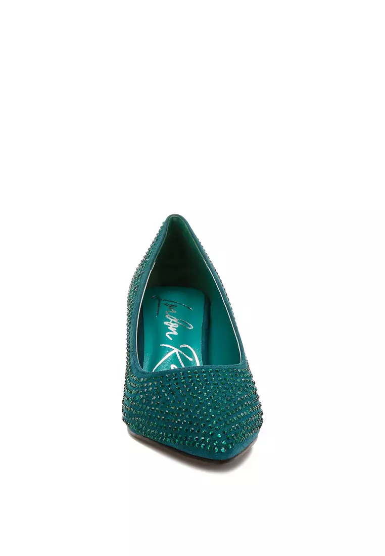 Rhinestones Embellished Pumps in Bottle Green
