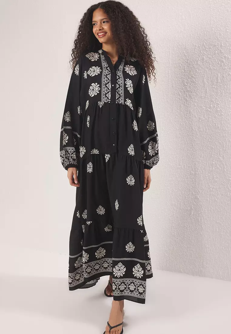 Black Patterned Viscose Woven Dress TCTSS24EB00221