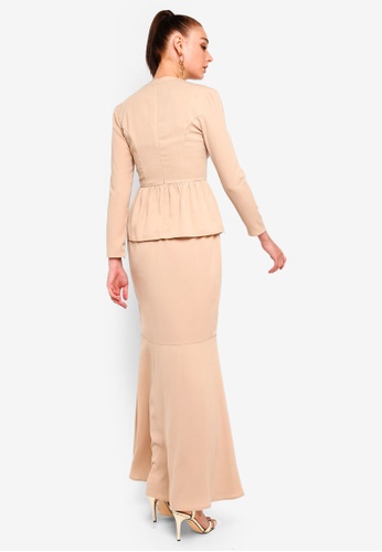 Buy Embellished Wrap Peplum Set from Zalia in Brown and Beige at Zalora