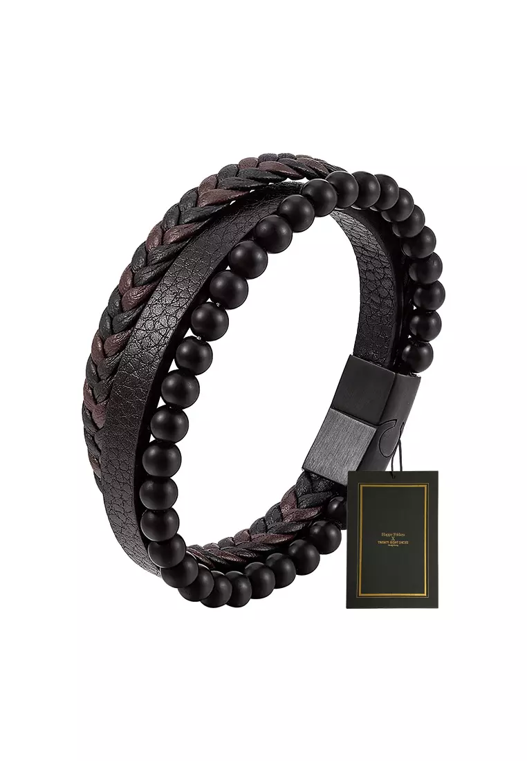 Mens black leather deals braided bracelet