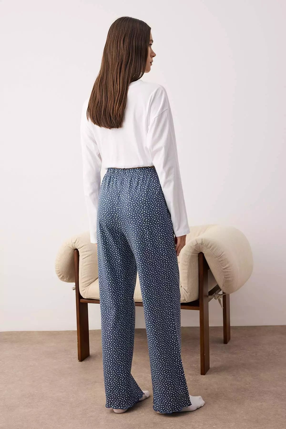 Navy Blue-White 2-Pack Floral Cotton Lycra Jersey Knitted Pajama Bottoms