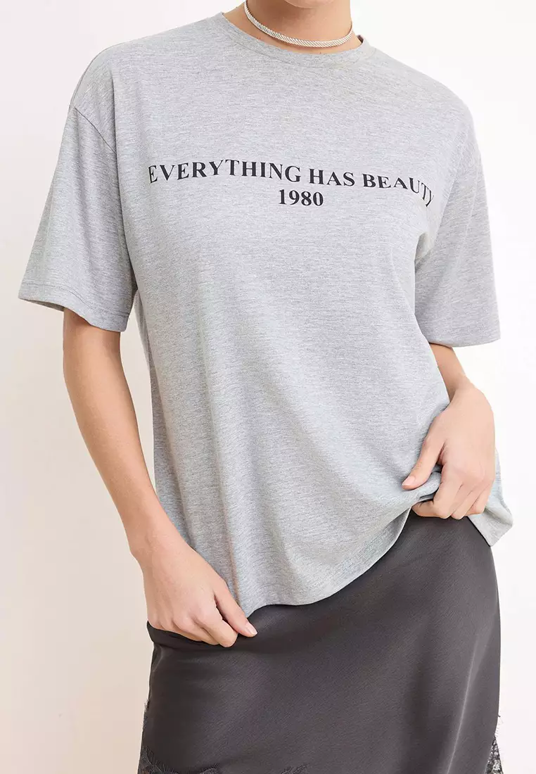 Grey Melange 1% Cotton Slogan Printed Relaxed/Wide Comfortable Cut Knitted T-Shirt Twoss19Gh34