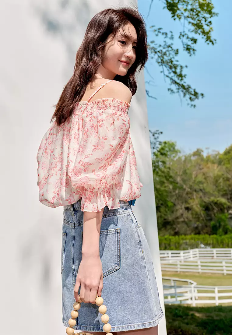 Summer Off Shoulder Thin Strap Floral Blouse