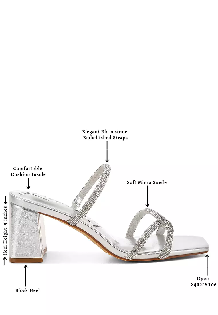 Rhinestone Block Heel Sandals in Silver