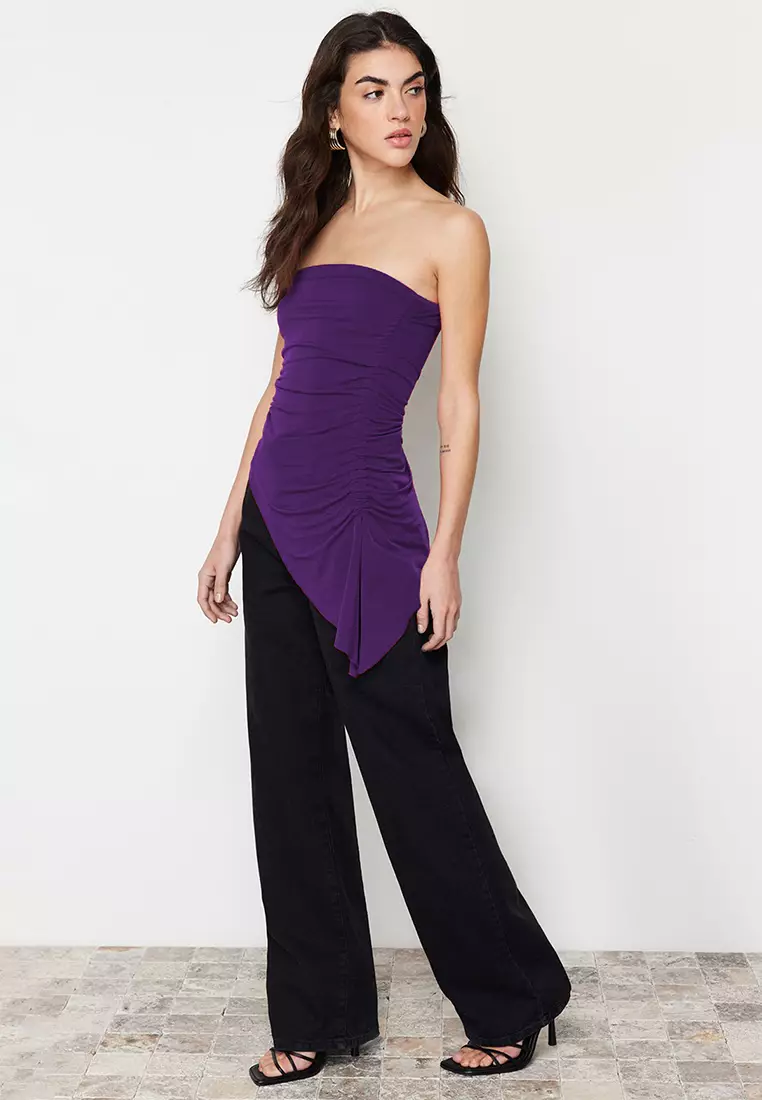Purple Strapless Gathered Detail Fitted/Fits on the Body Flexible Knitted Blouse TWOSS24BZ00054