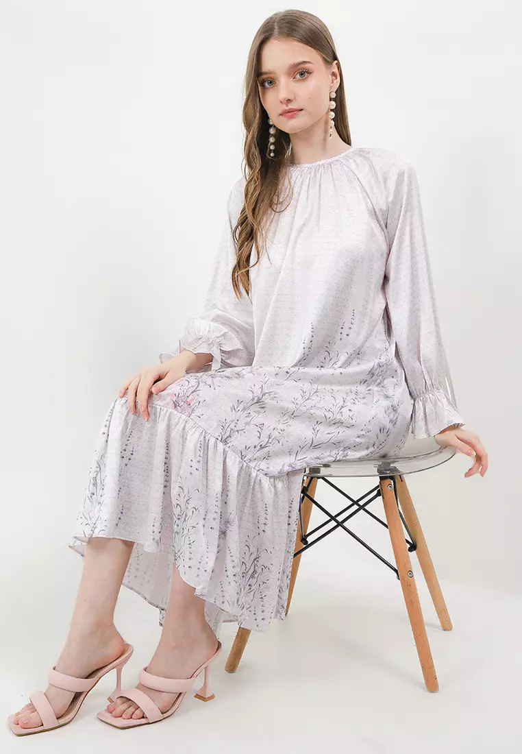 Ruffle Hem Printed Sateen Maxi Dress