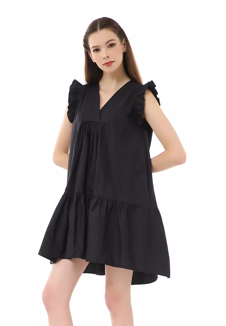 Rachel Mini Dress Ruffle Wanita Lengan Pendek Motif Polos Material Cotton ORIGINAL - Black