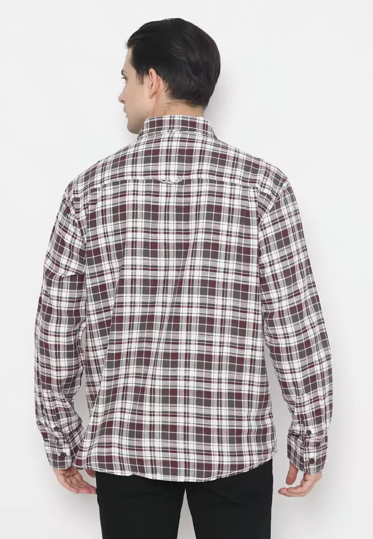 POLICE Kemeja Kotak Cotton Twill Slub Merah Biru Regular Fit Lengan Panjang Pria