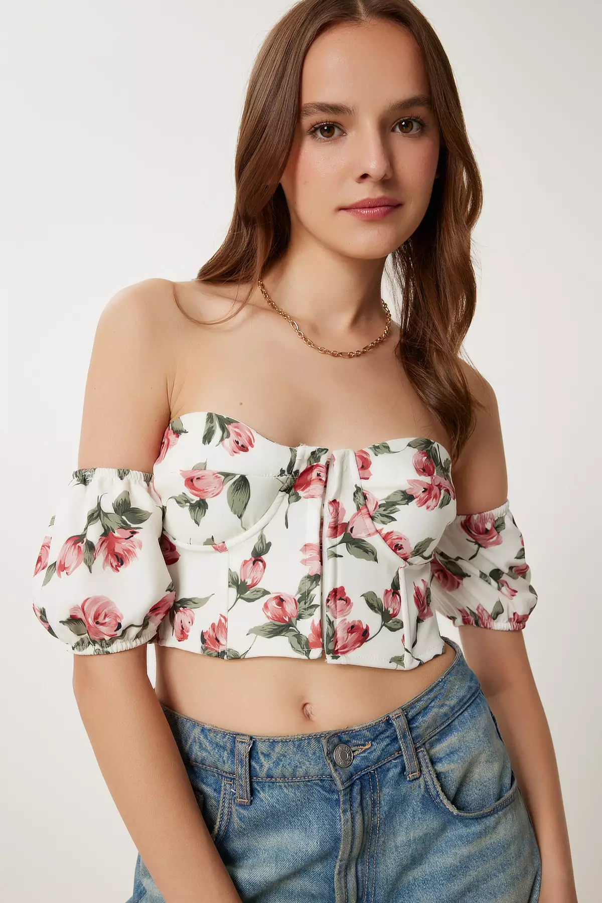 Women's Cream Dusty Rose Patterned Crop Viscose Blouse Cr00510