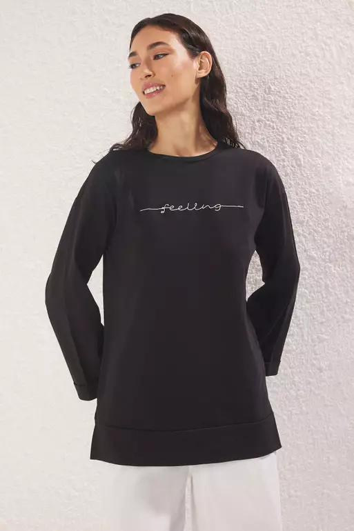 Black Jersey Print Text Detailed Knitted T-shirt TCTSS25RT00002