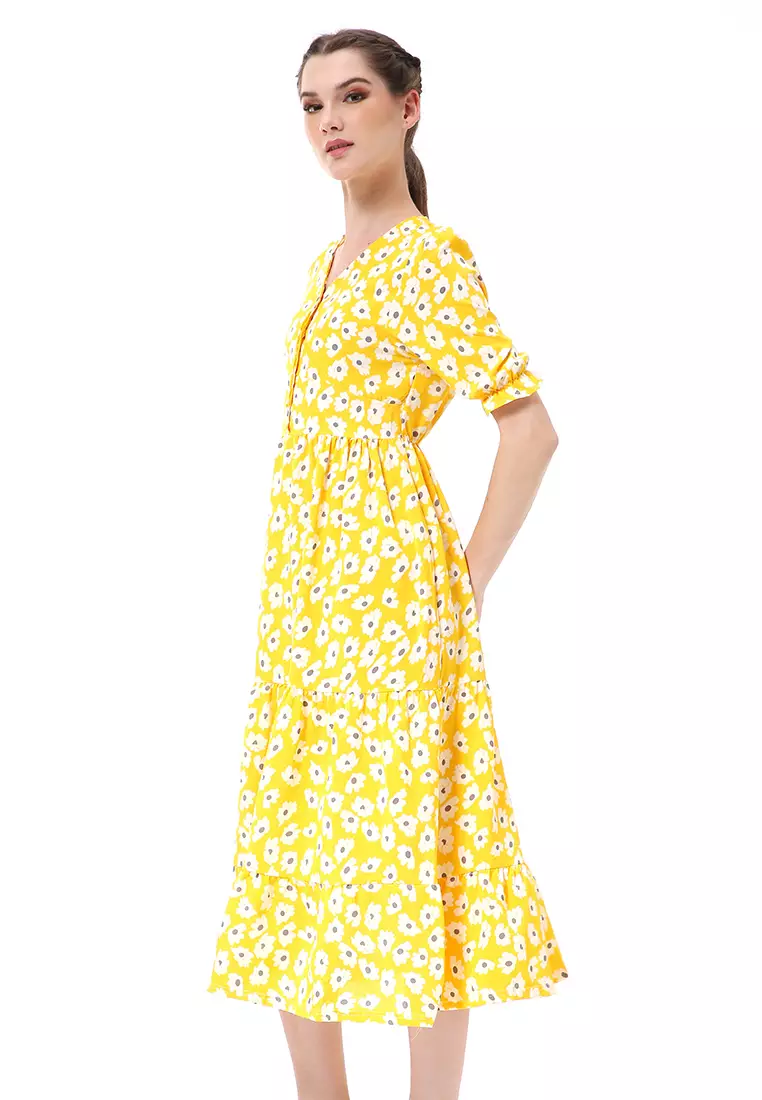 Rachel Midi Dress Wanita Vneck Lengan Pendek Desain Karet Material Polyester ORIGINAL - Yellow