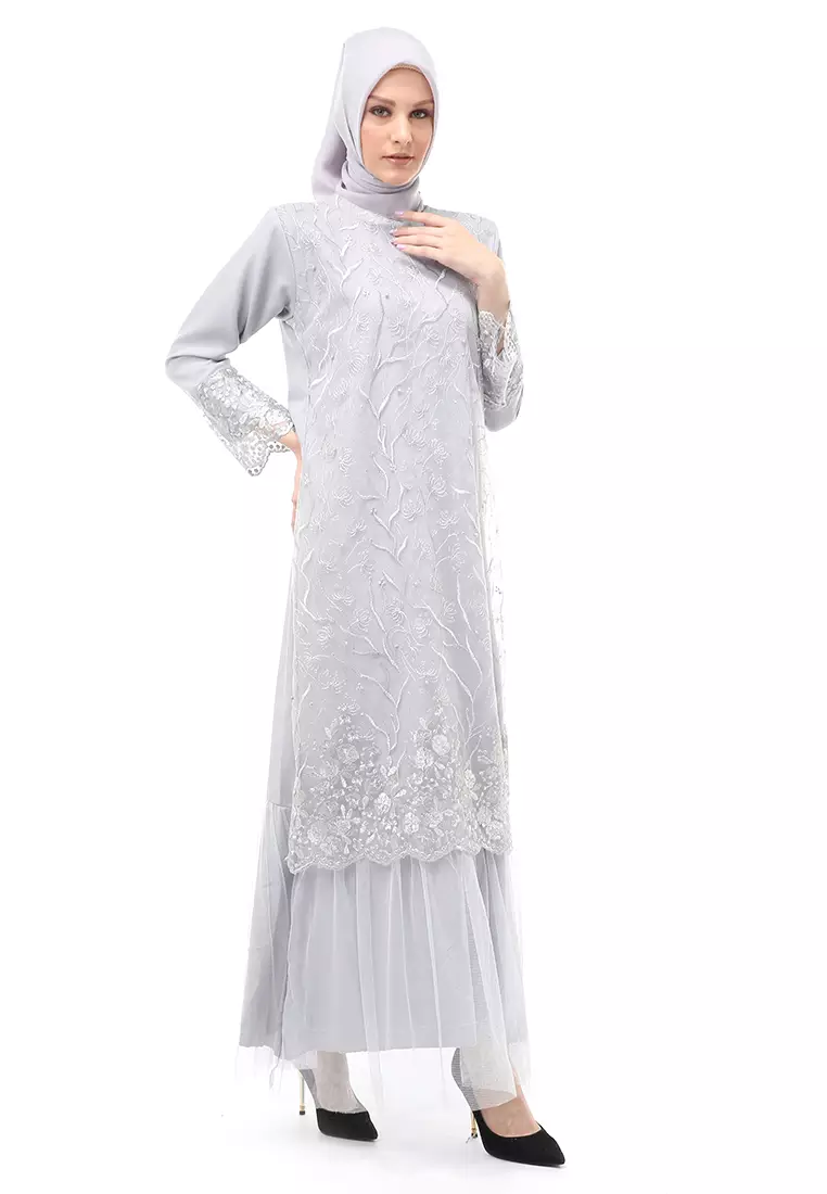 Diana Gamis Brukat Wanita Muslimah Lapis Moscrepe Premium Quality - Grey