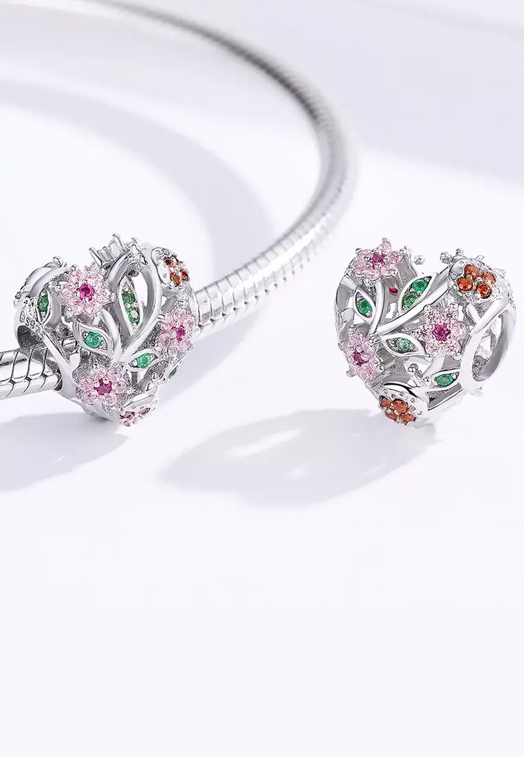 Solid 925 Sterling Silver Heart Colourful Floral Flower Charm