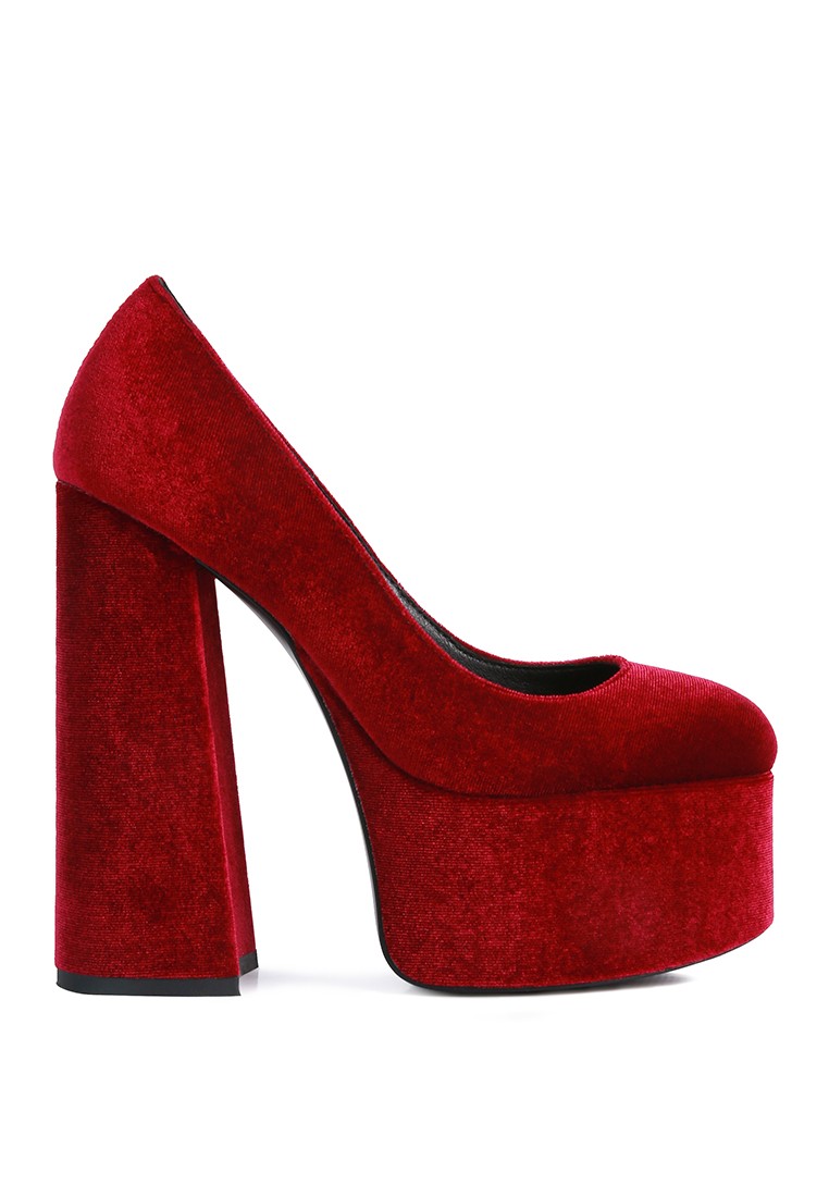Burgundy Platform Heel Velvet Pumps