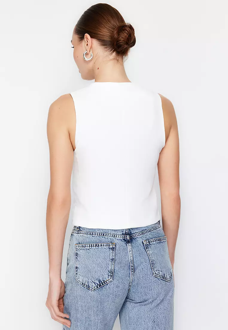 Buttoned Crop Woven Vest