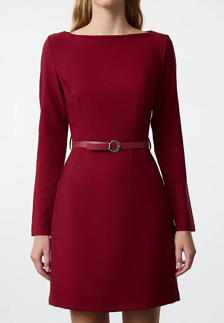 Boat Neck Belted Mini Dress