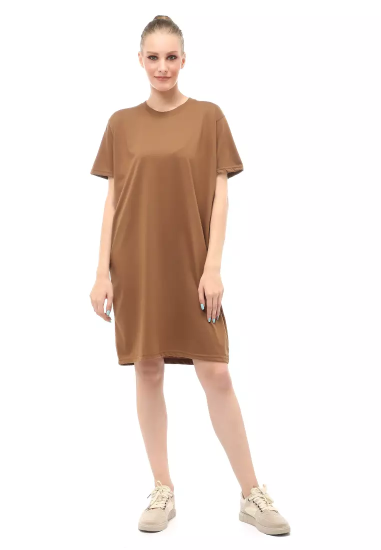 Finch Midi Dress Wanita Short Sleeves Motif Polos - Mocca