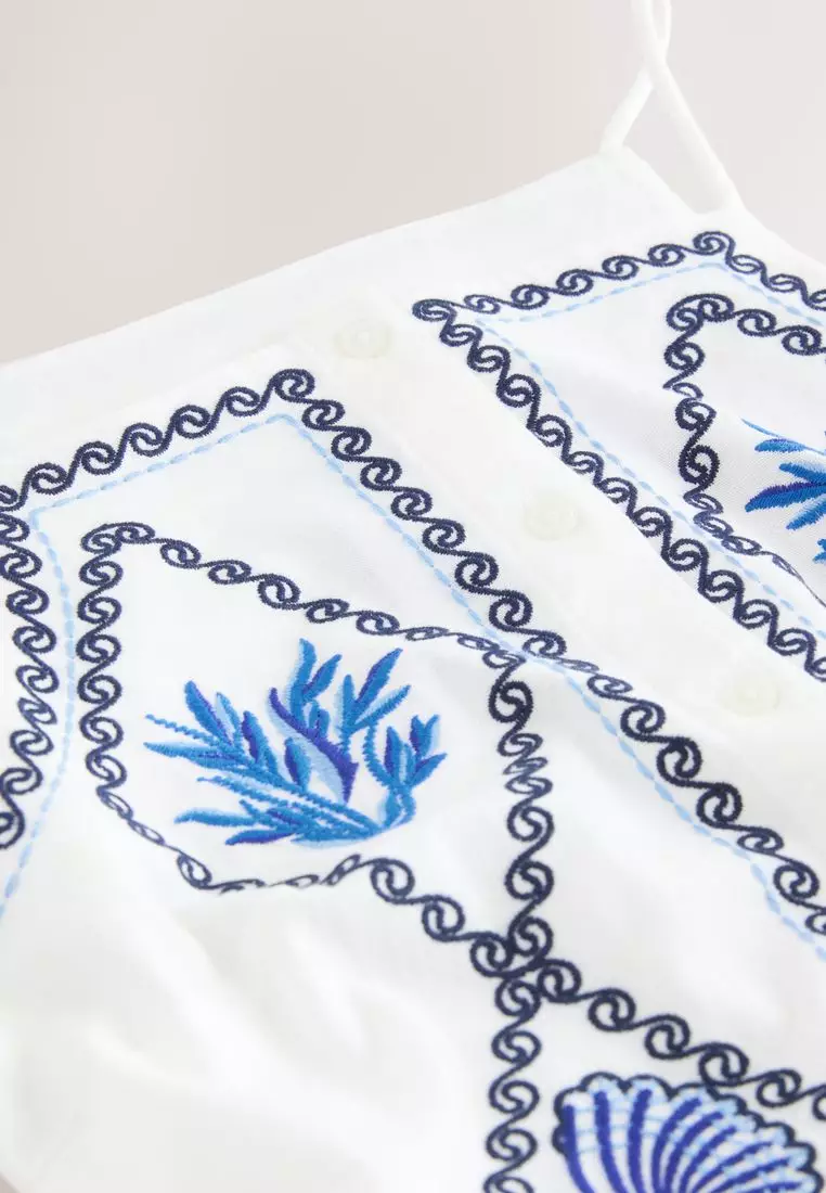 Embroidered Mini Shift Dress With Linen