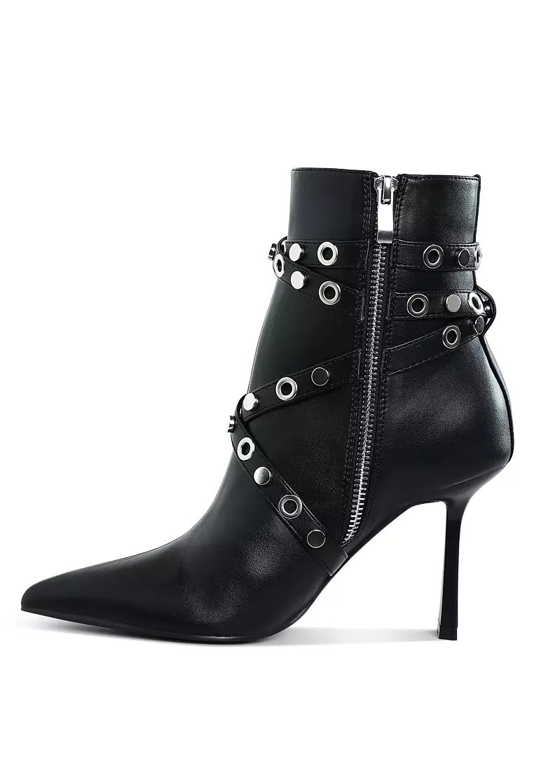 Eyelets & Studs Harness Ankle Boots in Black