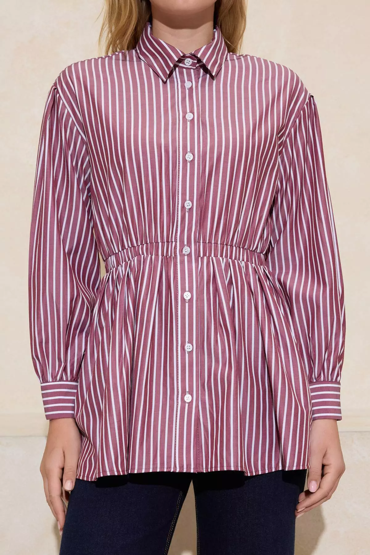 Burgundy Fitted Shirt With Elastic Detail At The Waist, Pack Of Cotton Striped Fitted Shirts Tctss26Tg00001