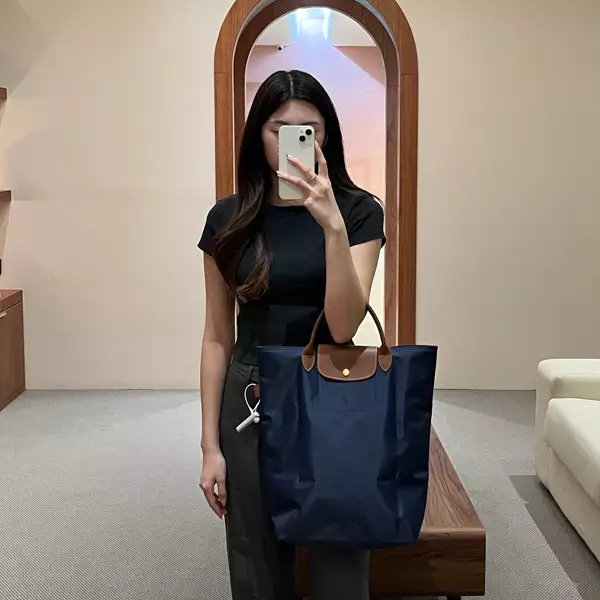 Tas LONGCHAMP LE PLIAGE NAVY BROWN HANDLE SHOPPER BAG 100% ORIGINAL