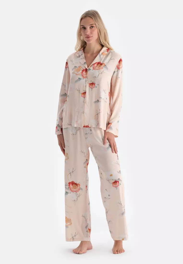 Cream Shirt, Floral Patterned, Regular Fit, Long Sleeve Sleepwear for Women