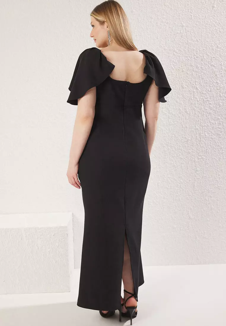 Black Watermelon Sleeve Maxi Woven Party Plus Size Dress Tbbss25Ah00148