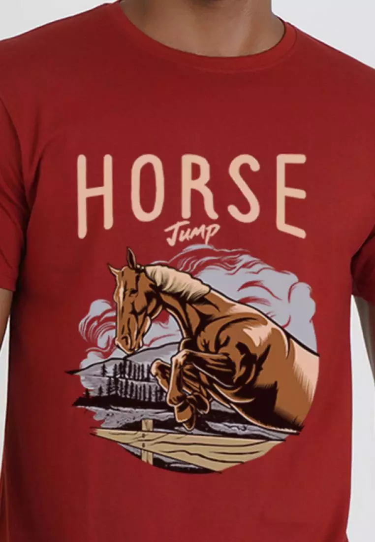 Horse Jumping Graphic Maroon Cotton Short Sleeve Relaxed Tee