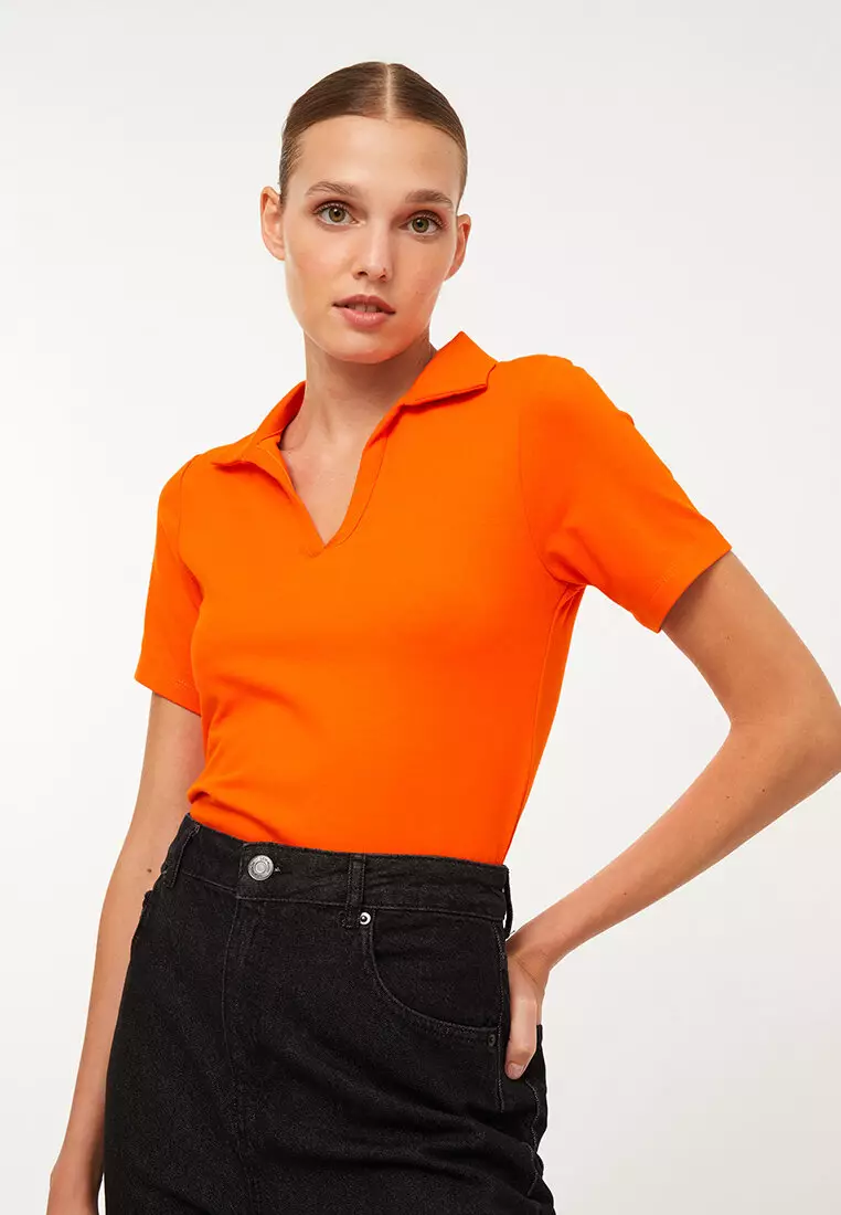 Ladies short sleeve polo neck top sales