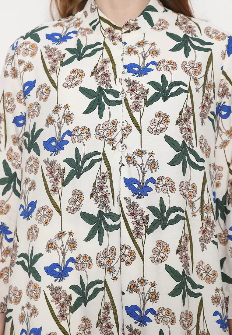 Tunic White Floral Silky Long Sleeve  Arlette By Brilliant Girl Warna Putih
