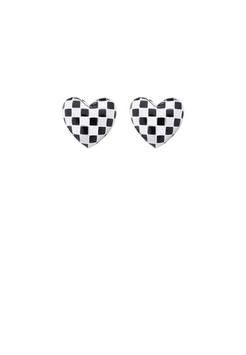 Glamorousky silver 925 Sterling Silver Fashion Simple Black and White Checkerboard Heart Stud Earrings 81D9FACAAC9138GS_1