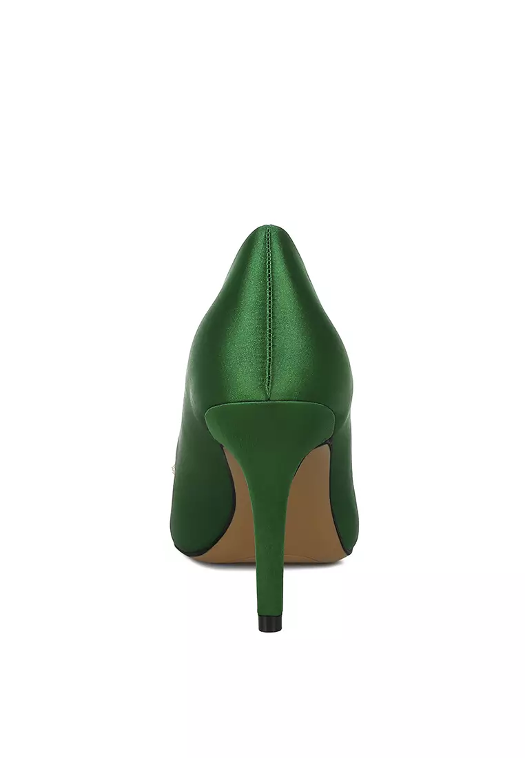 Diamante Brooch Detail Satin Pumps In Green