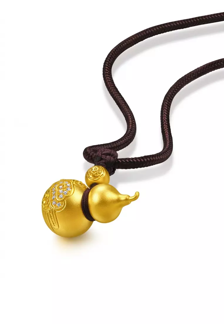 999.9 24K Pure Gold Cultural Blessings Diamond Gourd Necklace for Women 94547Z