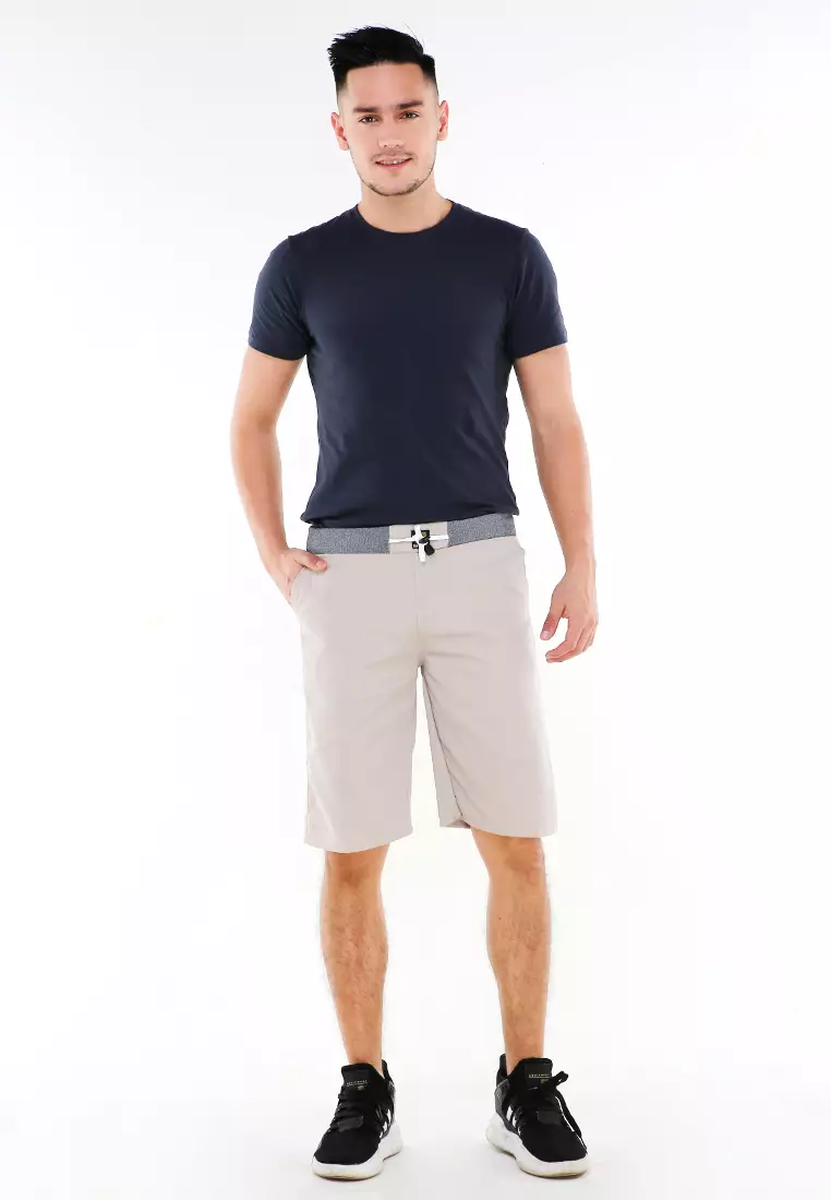 Rishham Celana Pendek Pria Polos Elastic Rubber Casual Short Pants Material Cotton ORIGINAL - Cream