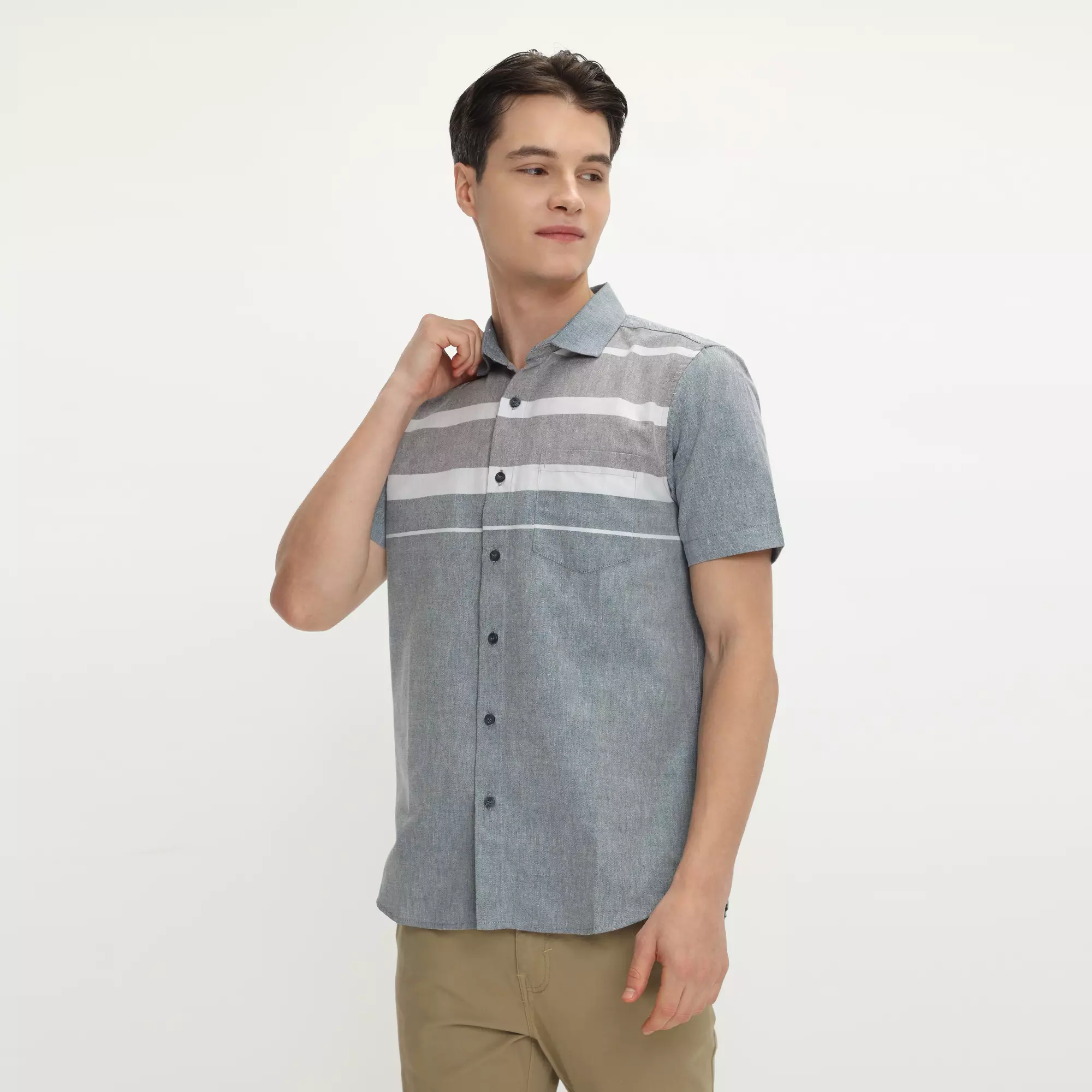 Platini Kemeja Motif Salur Pria Lengan Pendek Katun Grey 73490