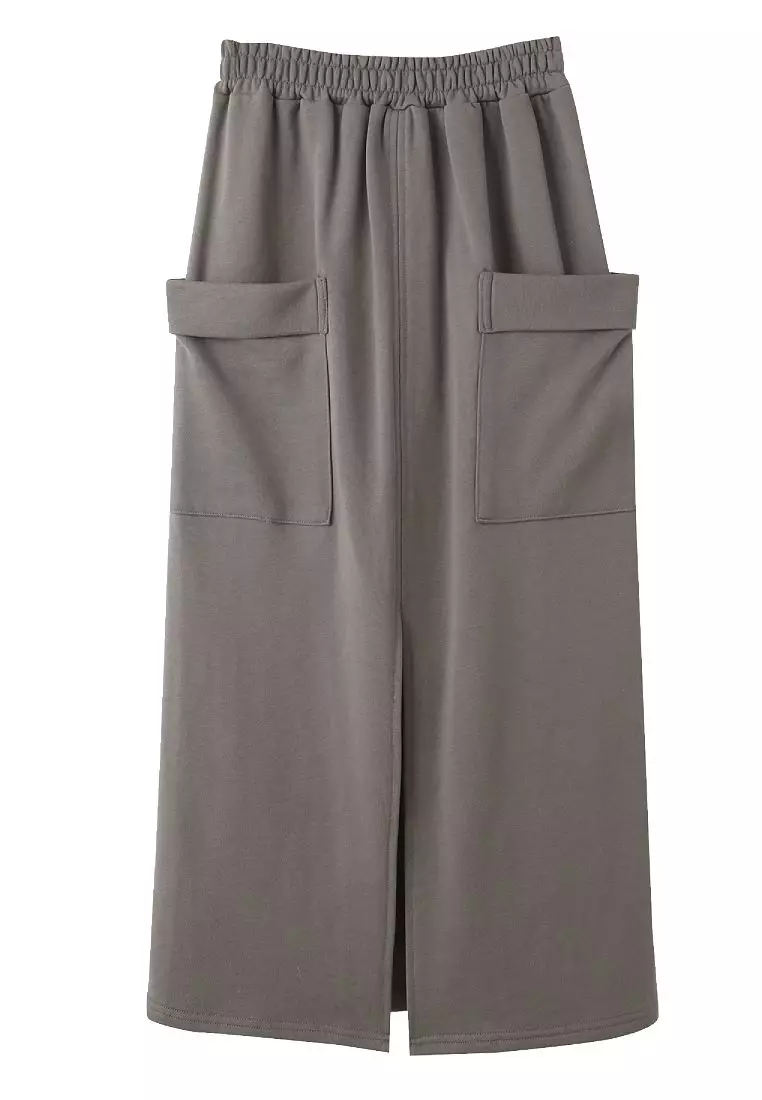Casual Front Slit Pocket Elastic Waist Maxi Skirt [CA2991]
