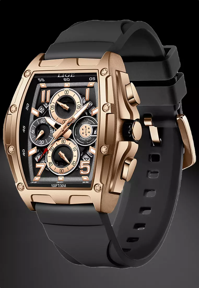 Unisex Tonneau Shaped IP Rose Stainless Steel Quartz Watch on Rubber Strap