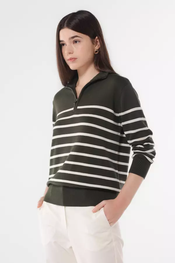 MINIMAL - Reeny - Sweater Rajut Zipper Motif Garis - Green