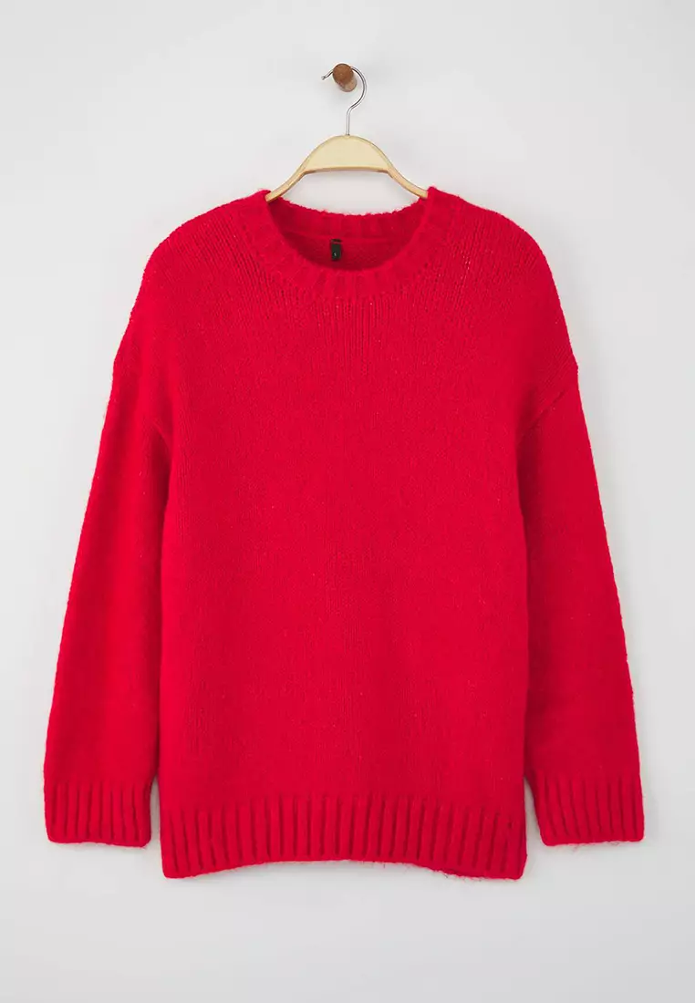 Wardrobe Essentials Red Soft Textured Loose Fit Basic Knit Sweater | Twoaw26Kz00073